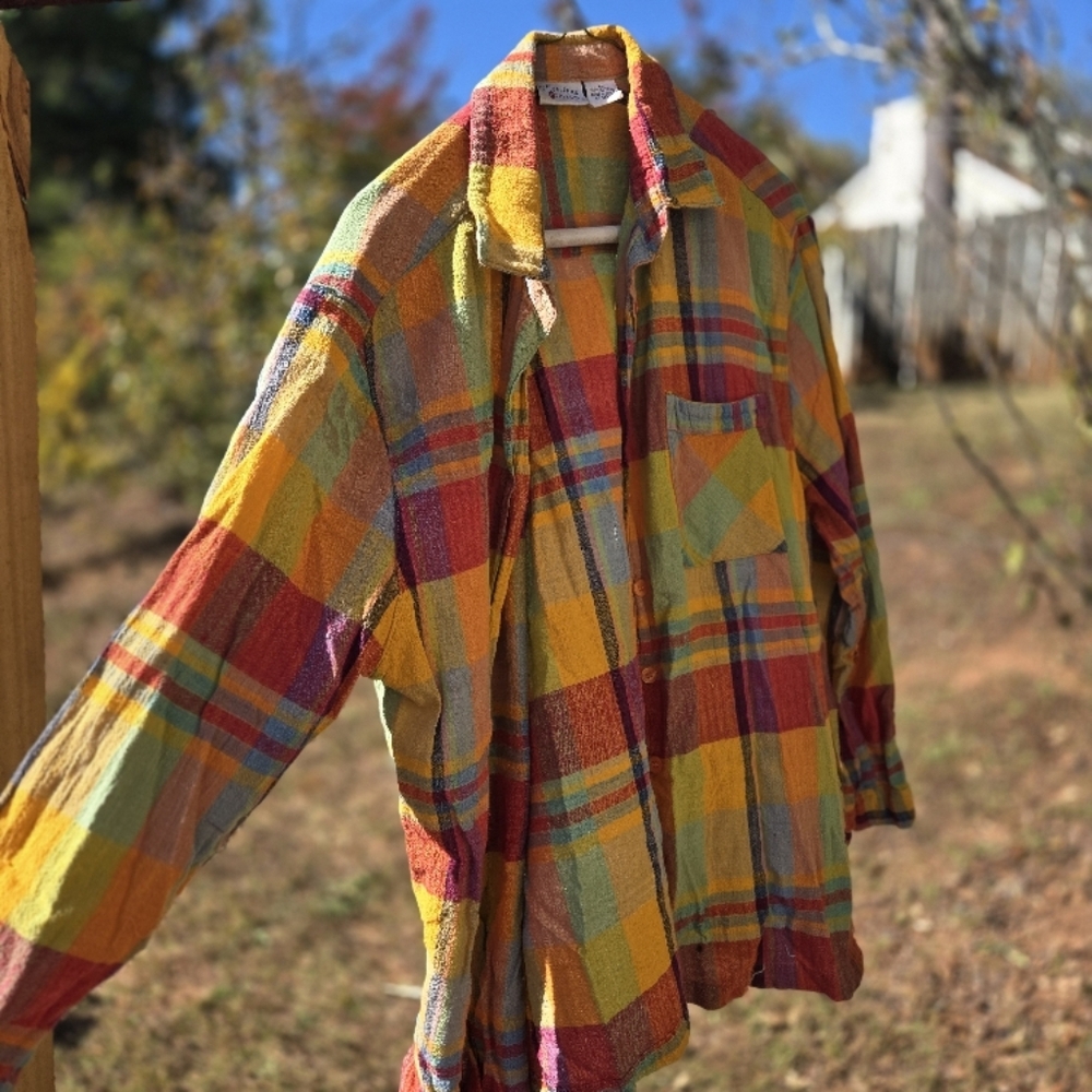 Gold and Orange Plaid Flannel Oversized Polo Shirt